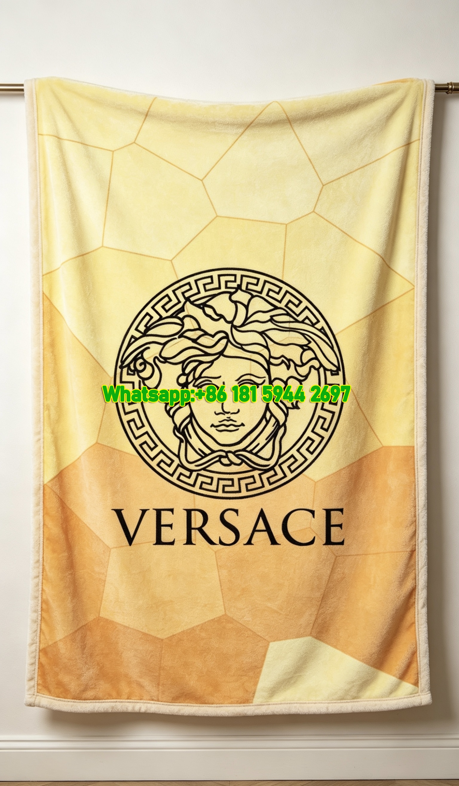 Golden Yellow Versace Medusa Logo Print Fleece Throw Blanket IMG_1385